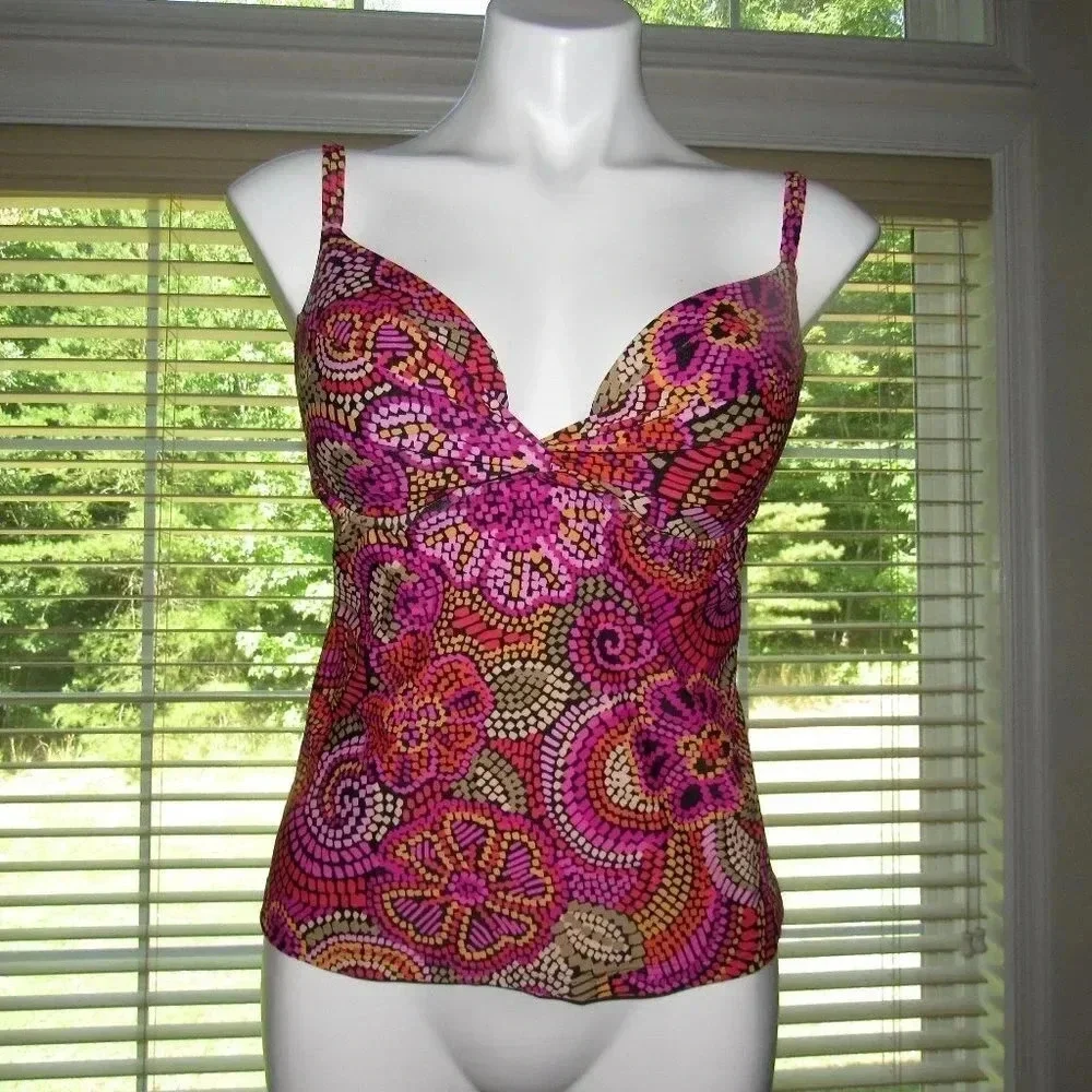Maidenform 36C Tankini Swim Top – Boho Mosaic Print, Beach Glam Vibes